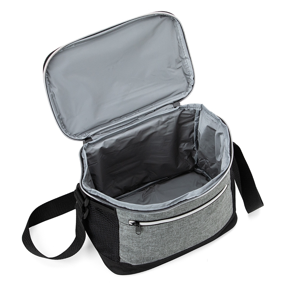 Bolsa térmica Personalizada 10 litros em nylon com dois compartimentos e bolsos laterais em malha