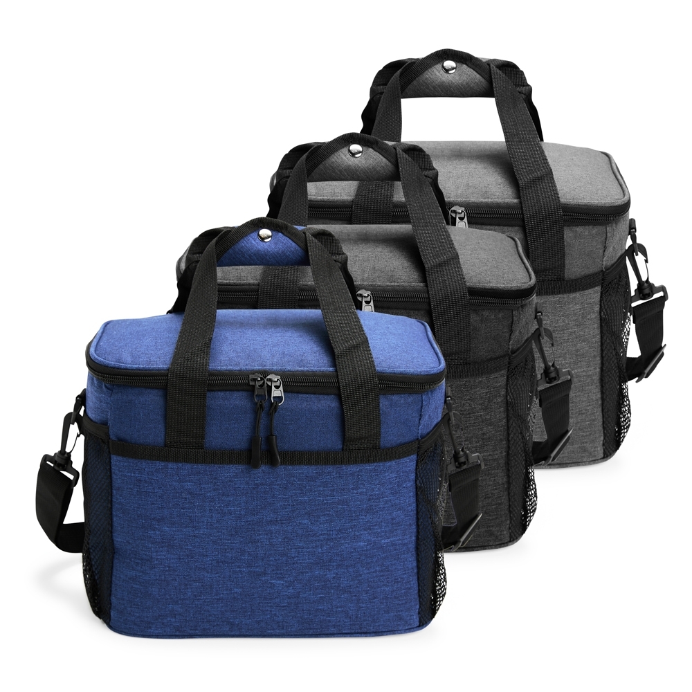 Bolsa térmica Personalizada 14 litros em nylon com revestimento antivazamento, bolsos laterais em malha e alça transversal
