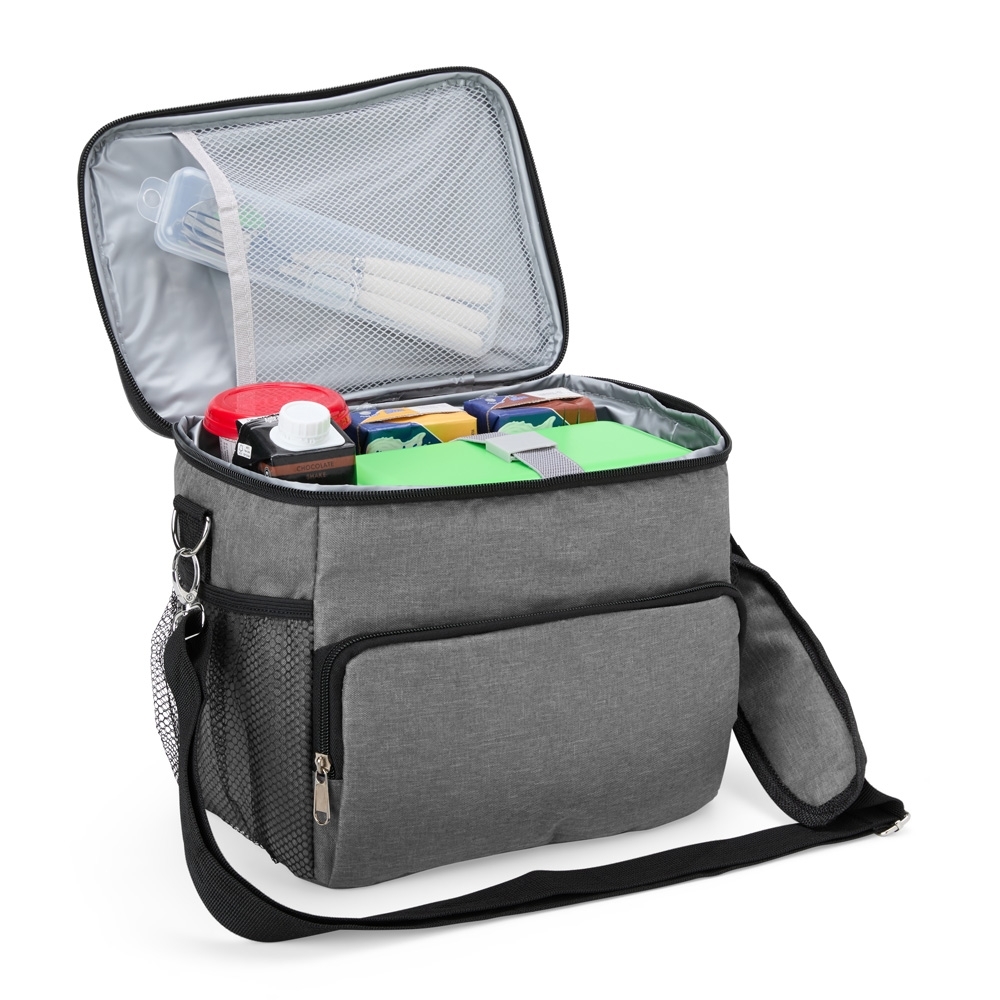 Bolsa térmica Personalizada 2 compartimentos em poliéster com revestimento soldado em PEVA e alça transversal removível
