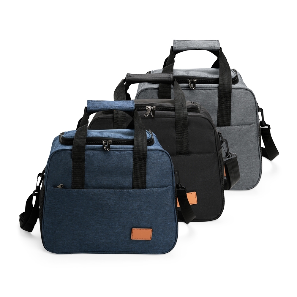 Bolsa térmica Personalizada 20 litros em Oxford com revestimento em PEVA, bolsos laterais, alça regulável e fechamento em zíper