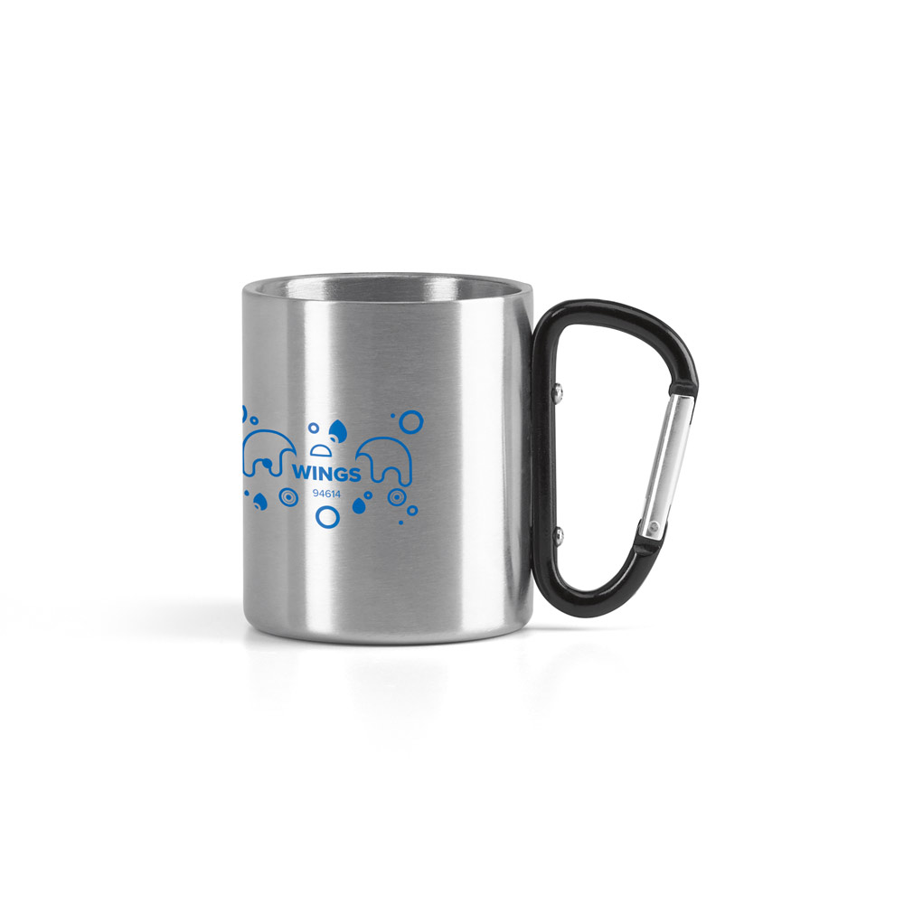 Caneca em aço inox, com pega em forma e função de mosquetão (230 mL)
