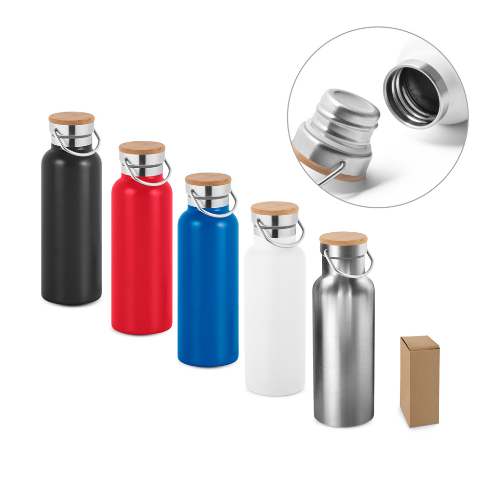 Garrafa Térmica Personalizada Inox 570 ml Parede Dupla com Tampa de Bambu