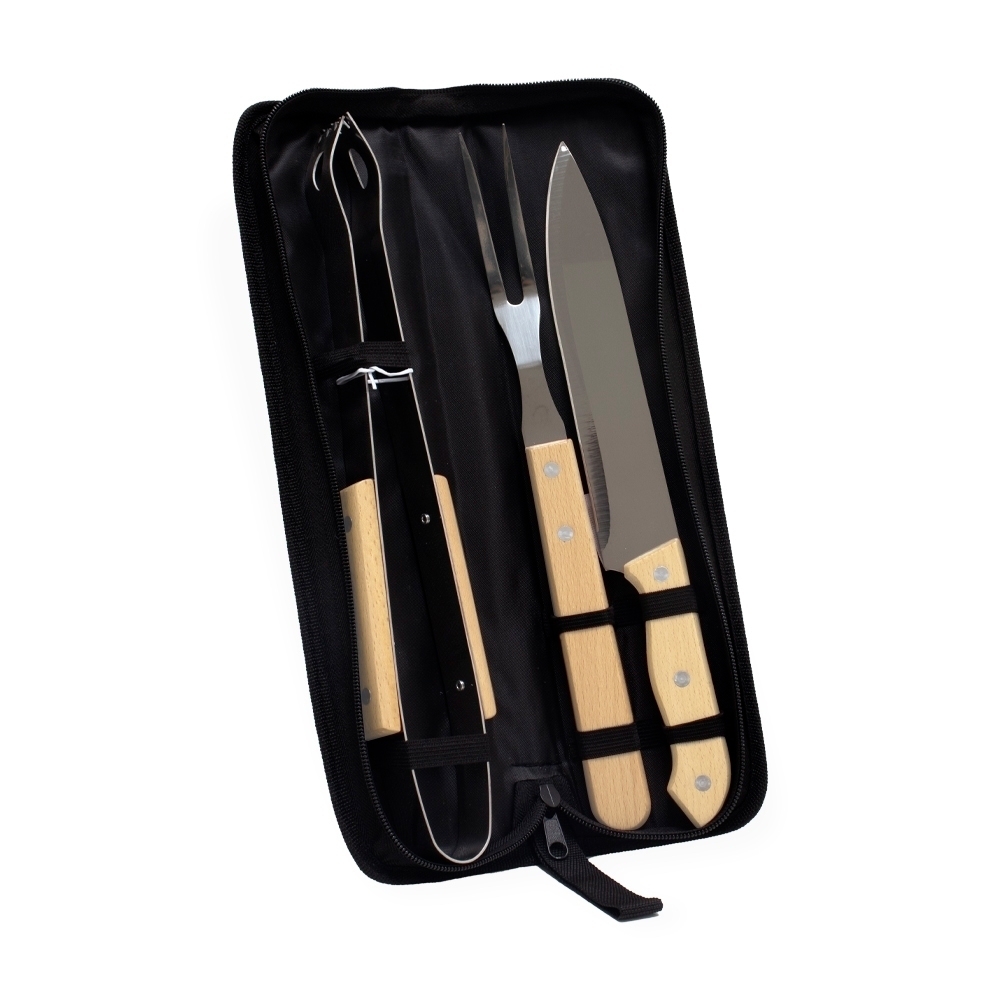 Kit Churrasco Personalizado 3 Peças em Inox com Cabo de Madeira e Estojo em Nylon
