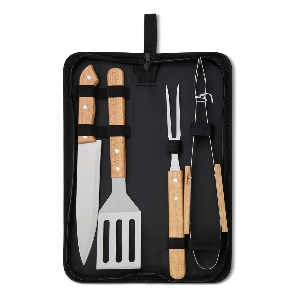 Kit Churrasco 4 Peças com Utensílios em Madeira e Estojo de Nylon Personalizado