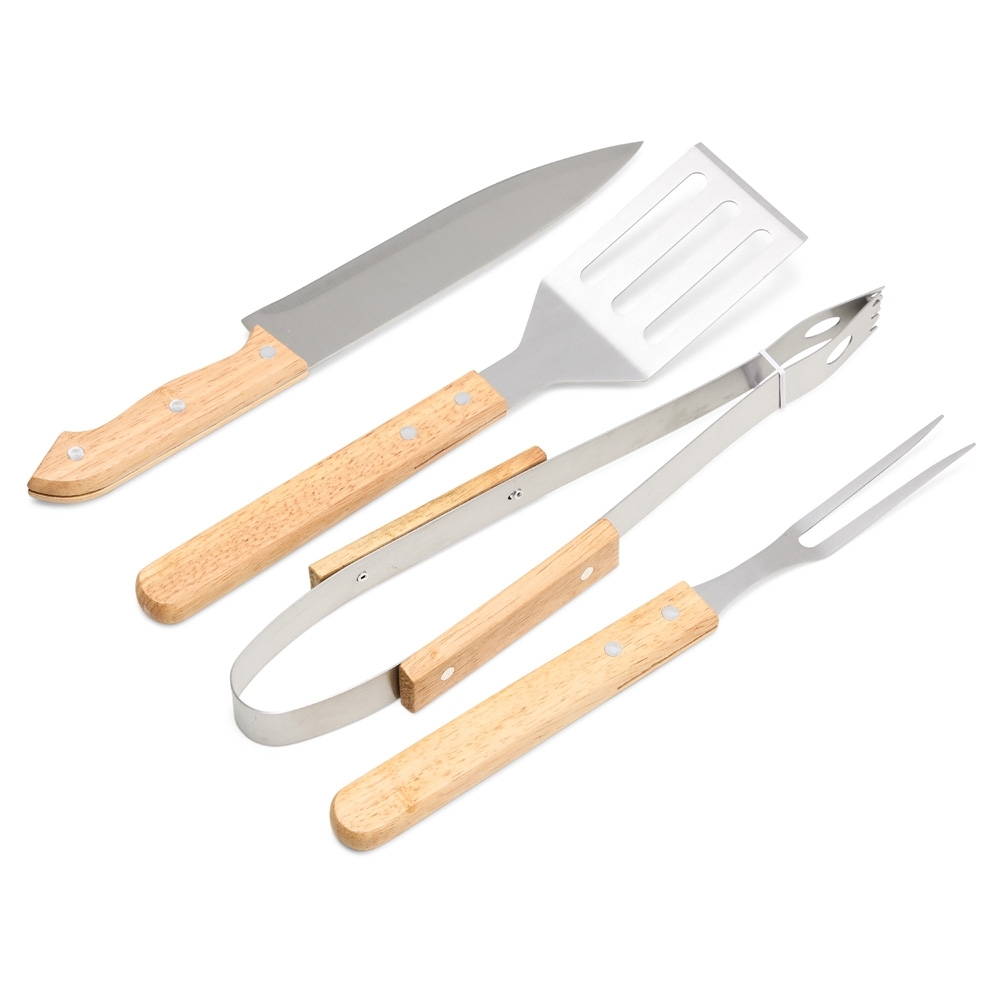 Kit Churrasco 4 Peças com Utensílios em Madeira e Estojo de Nylon Personalizado