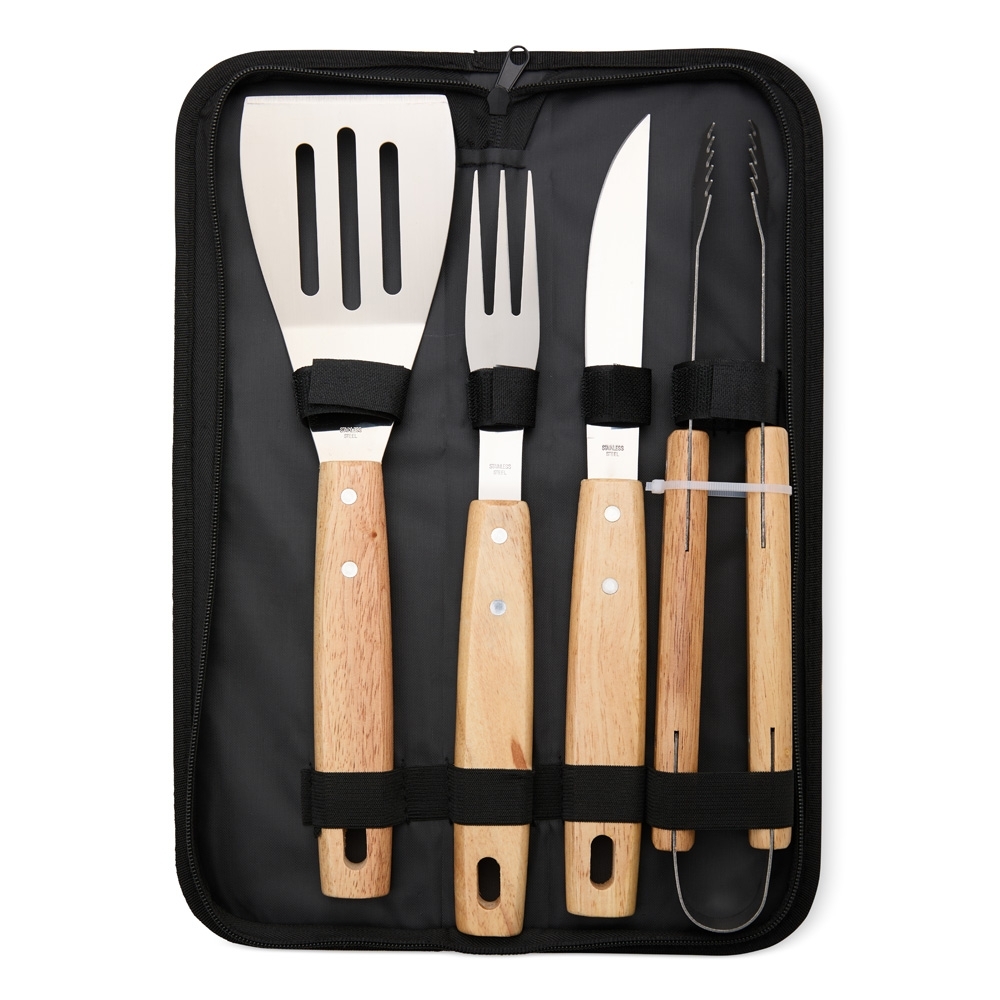 Kit Churrasco Personalizado 4 Peças em Inox com Cabos de Madeira e Plaquinha