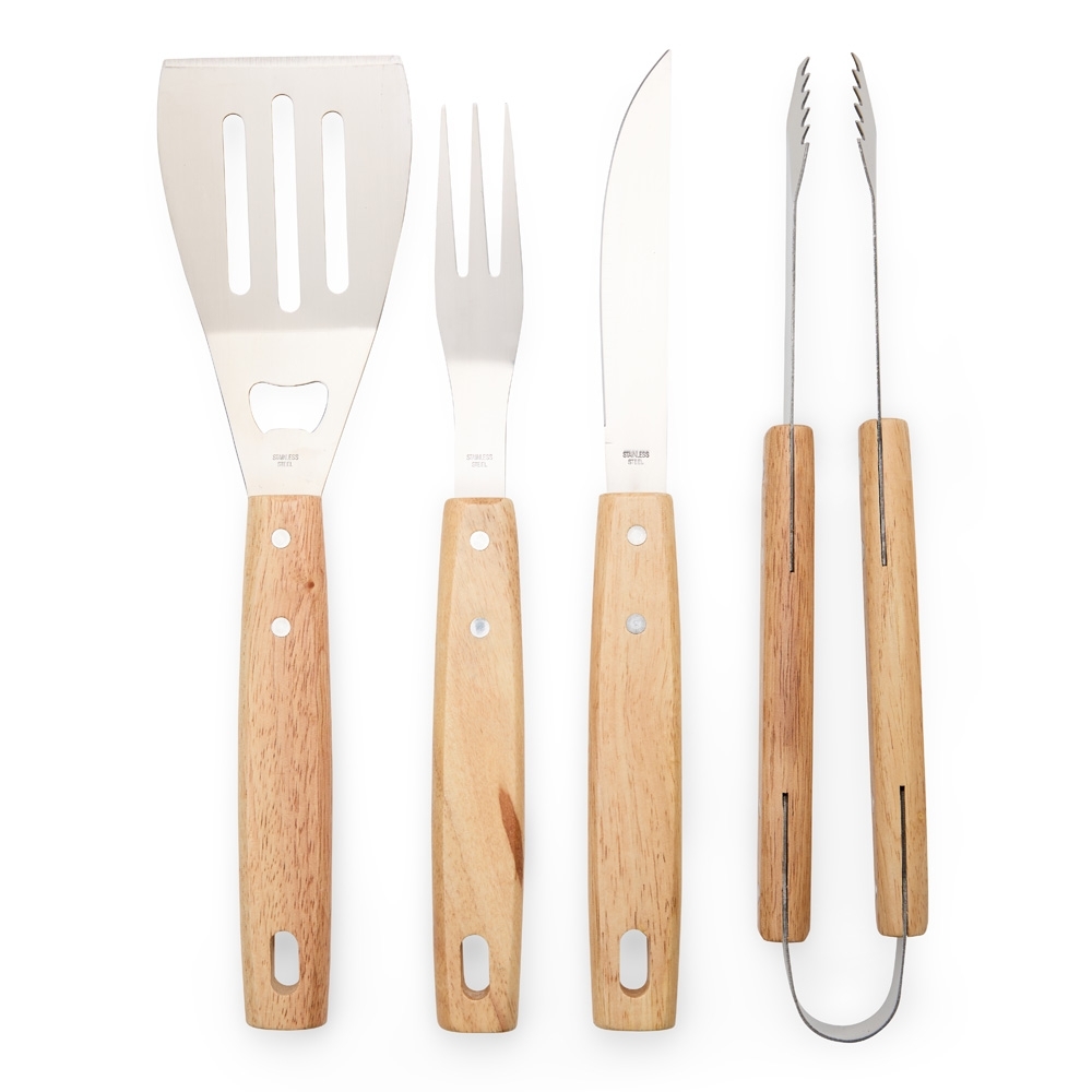 Kit Churrasco Personalizado 4 Peças em Inox com Cabos de Madeira e Plaquinha