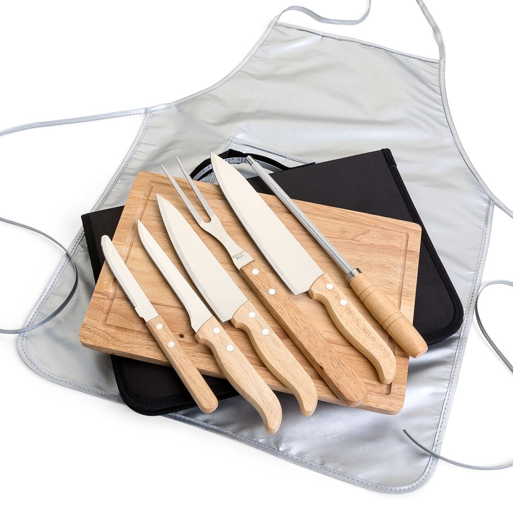 Kit Churrasco Personalizado 8 Peças em Bambu e Inox com Avental e Maleta em Nylon