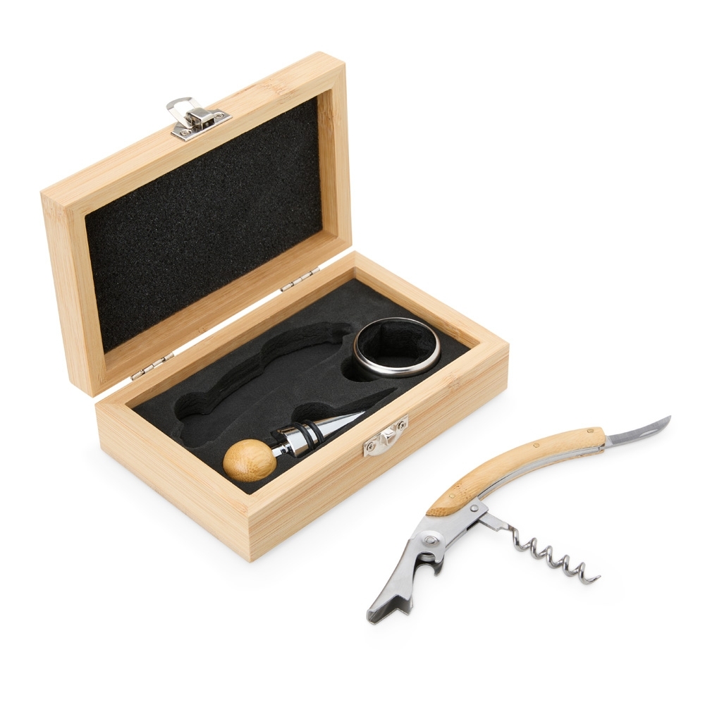 Kit Vinho 3 Peças com Estojo de Bambu Personalizado
