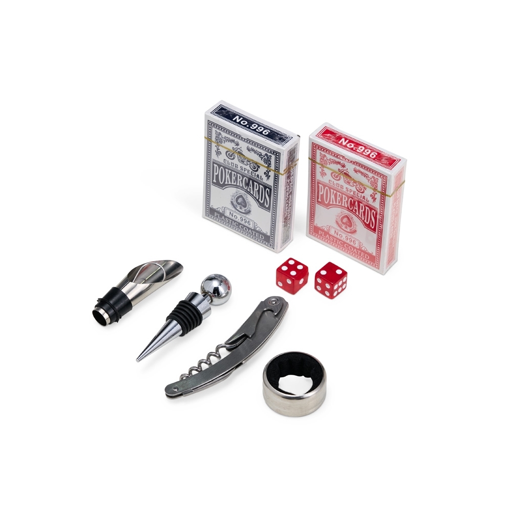Kit Vinho 4 Peças com Baralho e Dados Personalizado em MDF