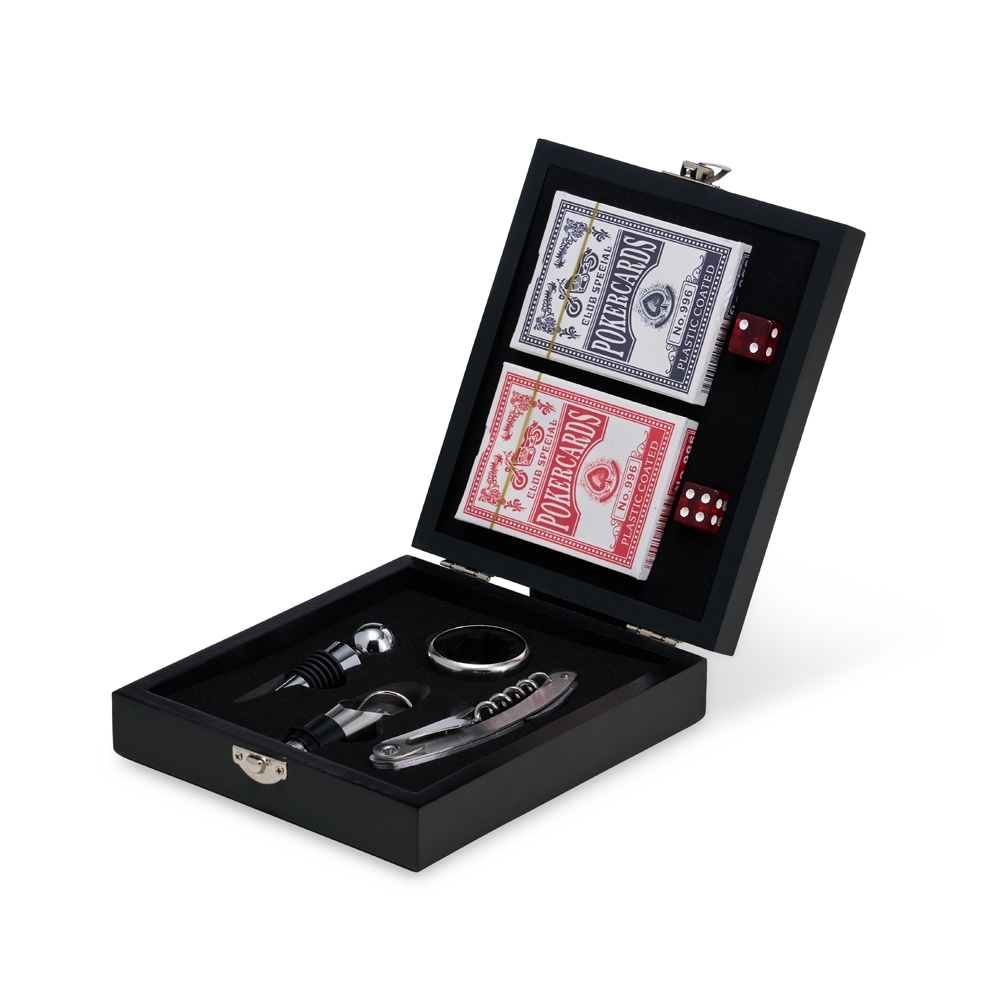 Kit Vinho 4 Peças com Baralho e Dados Personalizado em MDF