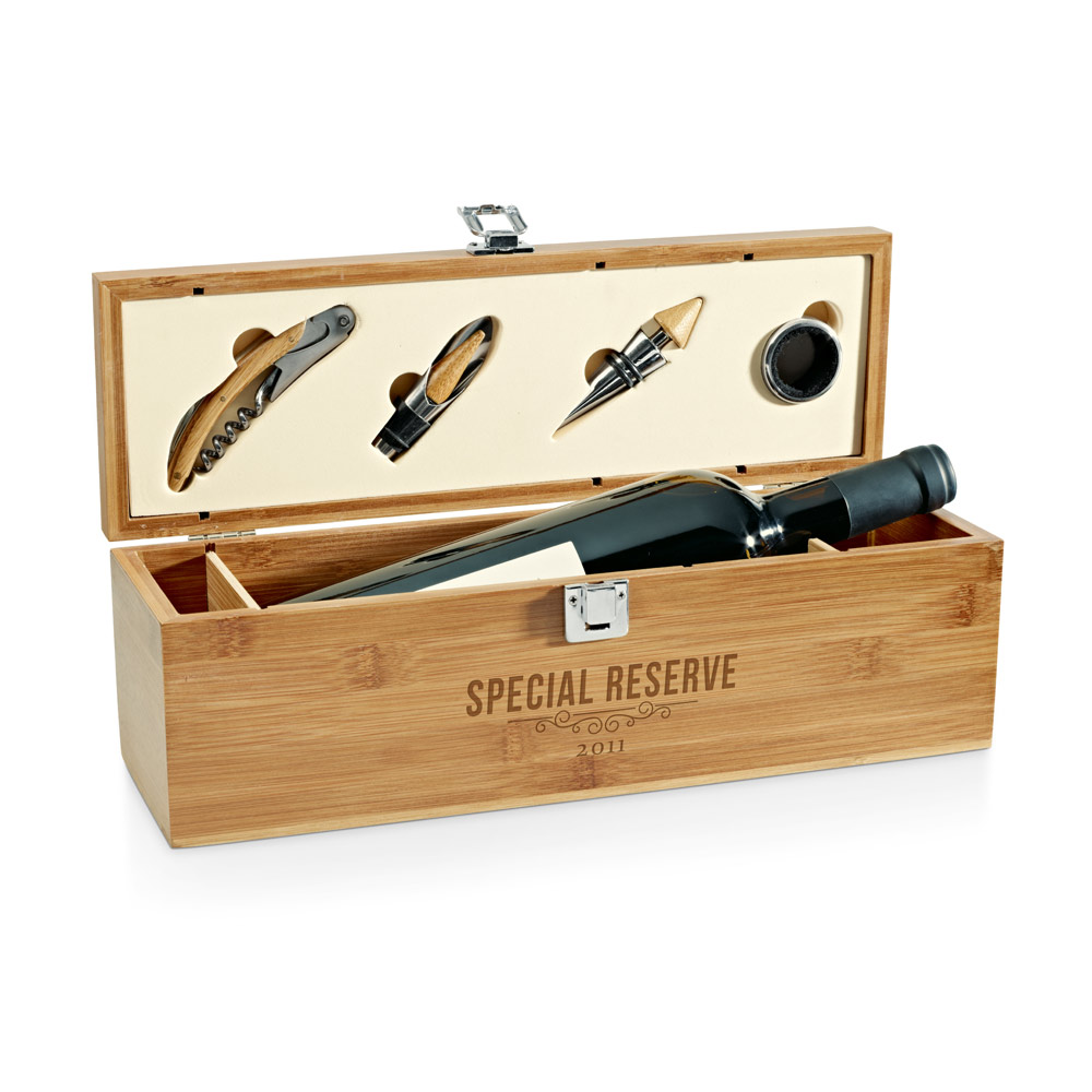 Kit Vinho em Bambu 4 Peças Personalizado com Acessórios em Inox
