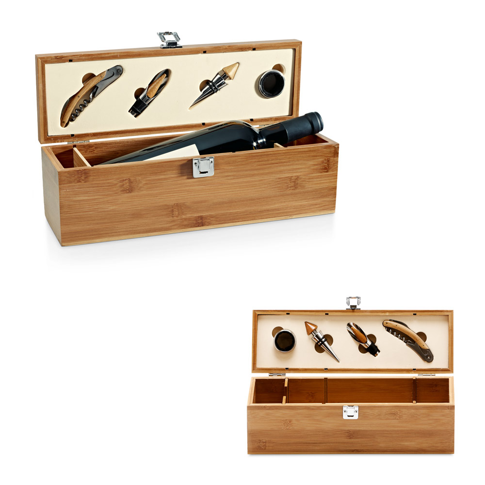 Kit Vinho em Bambu 4 Peças Personalizado com Acessórios em Inox