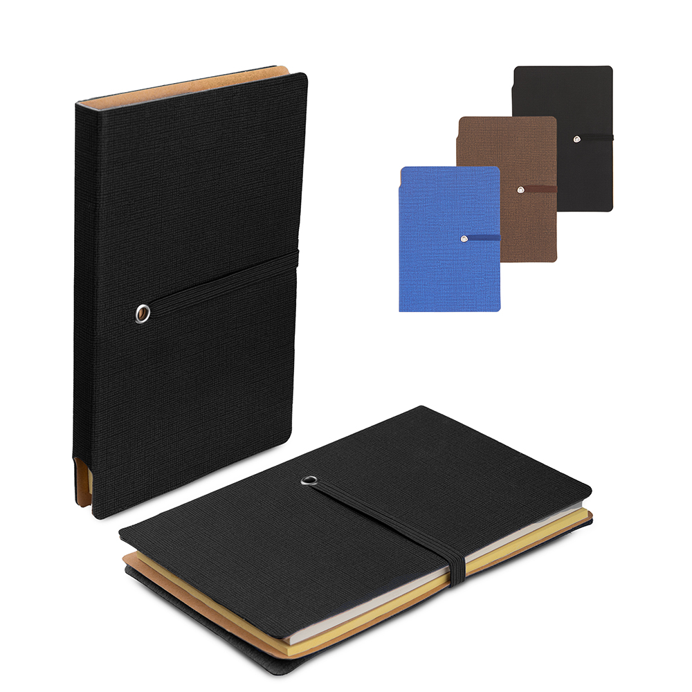 Mini caderno com elástico, sticky notes, miolo sem pauta na cor bege com 48 folhas.