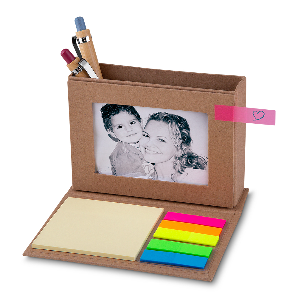 Mini Caderno em Papelão Reciclado com Sticky Notes e Porta Retrato Personalizado