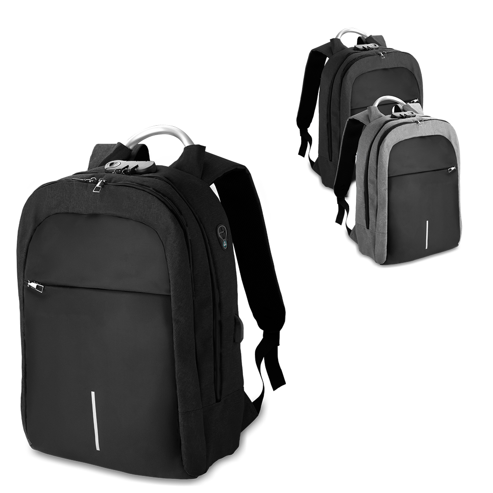 Mochila Antifurto 300D para Notebook 15,6” com USB e Cadeado Personalizada
