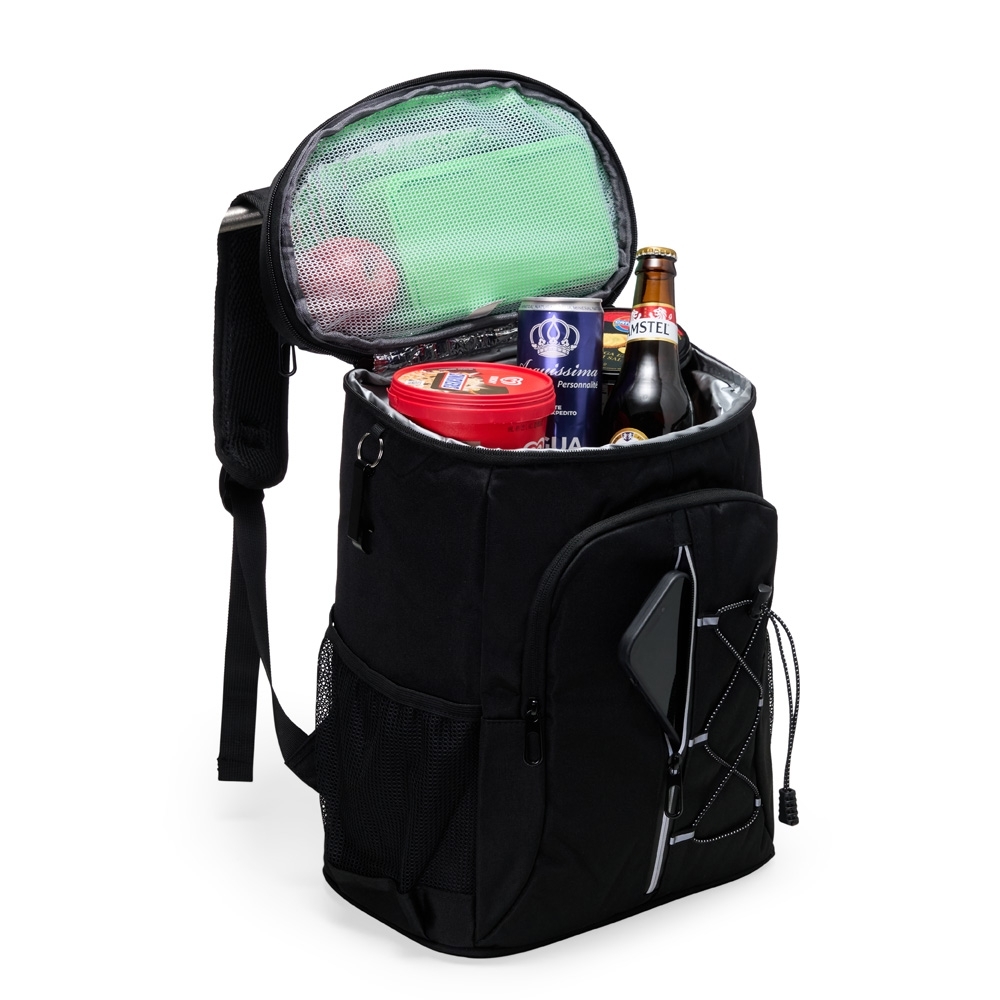 Mochila térmica Personalizada 30 litros em Oxford resistente à água com compartimentos térmicos, faixa refletiva e abridor de garrafas