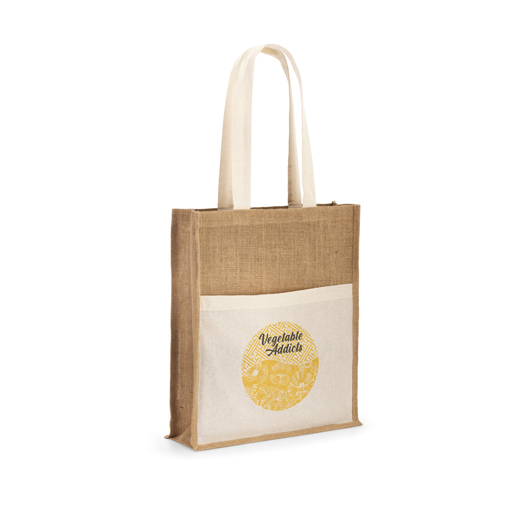 Sacola em 100% juta (240 g/m²) e bolso em 100% algodão (140 g/m²)